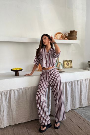 ÇİZGİLİ CROP GÖMLEK - SALAŞ PANTOLON TAKIM MODAL - Bordo resmi